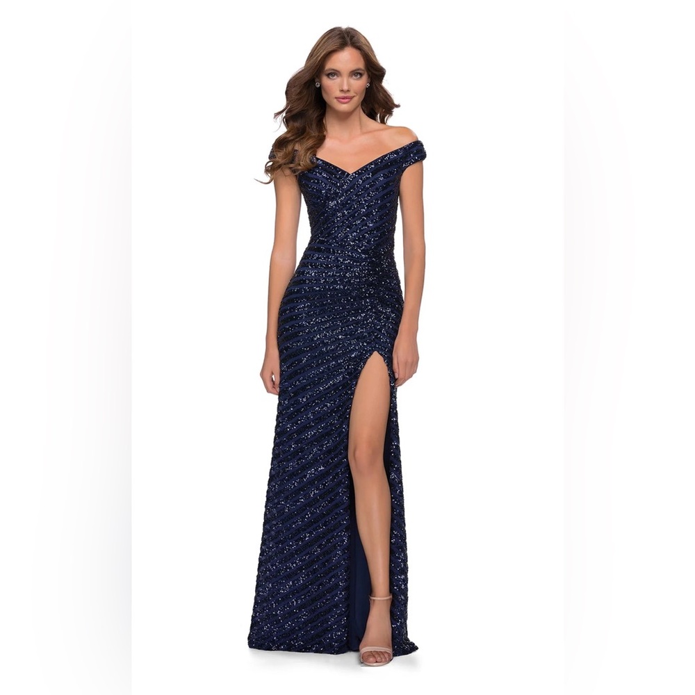 NWT La Femme Off the Shoulder Sequin Long Dress with Skirt Slit